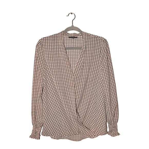 ADRIANNA PAPELL $98 Check Print Long Sleeve Surplice Blouse Black Cream Small - Picture 1 of 4
